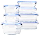 Amazon Basics - Frischhaltedosen aus Glas für Lebensmittel, 14er-Pack (7 Behälter + 7 Deckel), BPA-freie (7er Pack) , Transparent, Blau