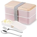 Original Bento Box Brotdose Lunchbox für Erwachsene/Kinder mit Fächern Essensbox Bündel Teiler Japanischer Stil mit Ddelstahl Besteck Löffel und Gabel (Rosa)