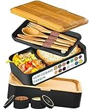 Umami Brotdose mit Fächern und 4 Bestecke, Alles-in-Einem Lunchbox Erwachsene für Männer/Frauen, 2 Soßentöpfe, Auslaufsicher Bento Box Brotbox